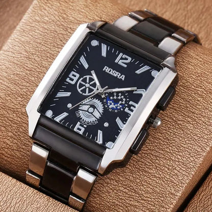 Men Watches Steel Fashion Elegant Rectangle Dial Steel Clock Quartz Watch Men's Silver-Black Cool Wristwatch Masculino Relogio