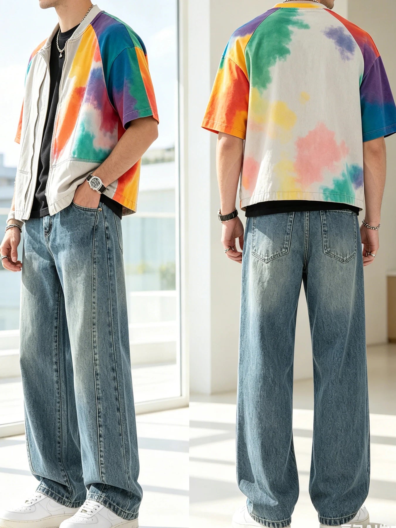 Men's jeans are cut to accommodate various leg shapes, with classic back pocket design and a loose fit.