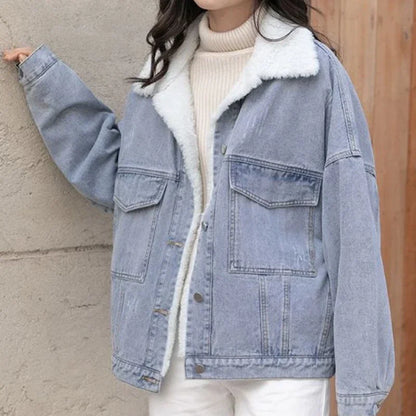 Outerwear Wool Inside Plain Warm Blue Denim Jacket for Women with Fur Plush Woman Jean Coat Winter 2025 Cold Padded Korean Outer