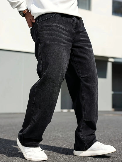Men's Classic Straight-Leg Jeans - Cotton Blend, Dark Blue Denim, Non-Stretch, All-Season Wear, Comfort Fit with Slant Pockets