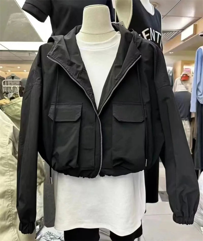 2025  Fashion Women Jacket Windbreaker Hooded Zip-up Coat Autumn Vintage Outwear Korean Harajuku Cropped Basic Coat Streetwear