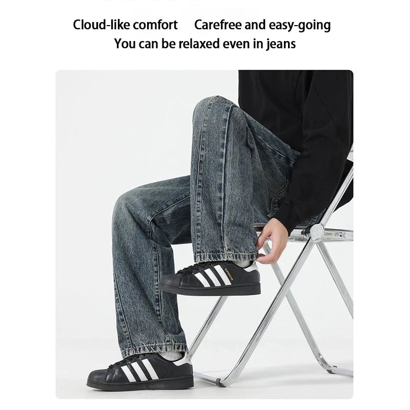 Men's jeans are cut to accommodate various leg shapes, with classic back pocket design and a loose fit.