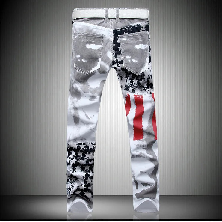 New Style European and American Young Men's Jeans, White, Slim-fit, Casual, Men's Trousers with Red Stripes and Pentagrams