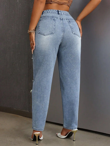 European American Fashion, Versatile Casual Washed Ripped Jeans, New Women's Spring and Summer Small Leg Pants. Nine-inch Jeans