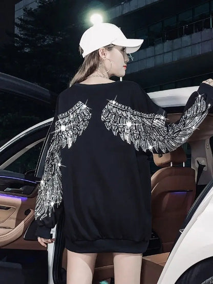 Tops Loose Tshirts Rhinestone Women's T Shirts Black Clothes