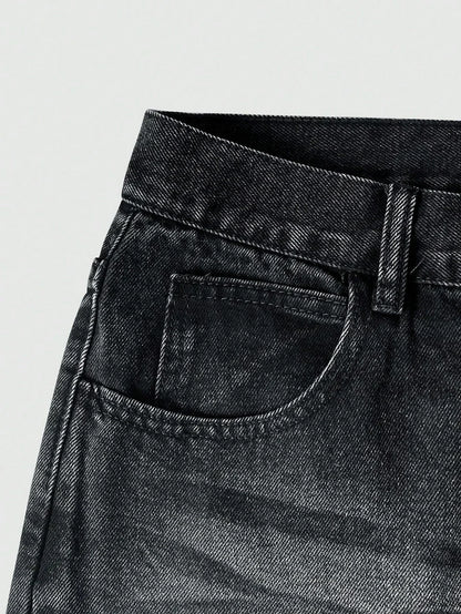 Jeans slim fit con dettagli di orlo lavato casual e business, pantaloni dritti in cotone leggero e versatili con chiusura a