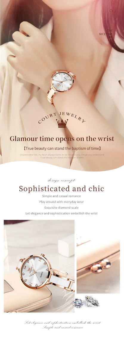 OLEVS 5872 Woman Watches Imported Japan Quartz Movement Waterproof Watch for Women Elegant Ceramic Strap Ladies Wristwatch Gifts