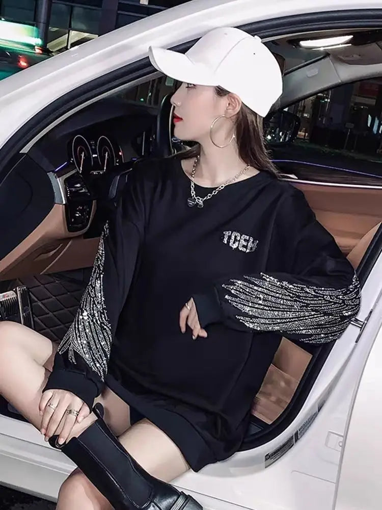 Tops Loose Tshirts Rhinestone Women's T Shirts Black Clothes