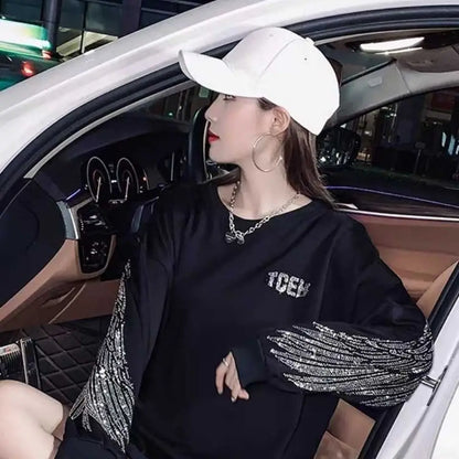 Tops Loose Tshirts Rhinestone Women's T Shirts Black Clothes