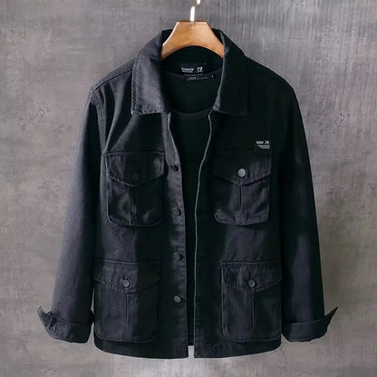 Men's Workwear Jacket Spring Autumn Wear-Resistant Utility Coat Youth Fashion Denim Material Long Sleeve Flip Collar Outerwear