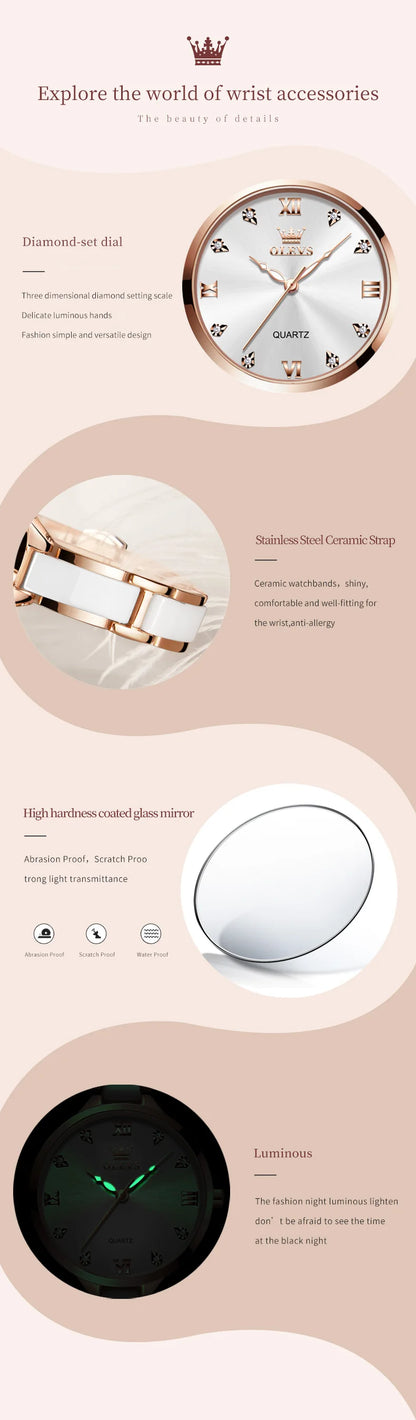OLEVS 5872 Woman Watches Imported Japan Quartz Movement Waterproof Watch for Women Elegant Ceramic Strap Ladies Wristwatch Gifts