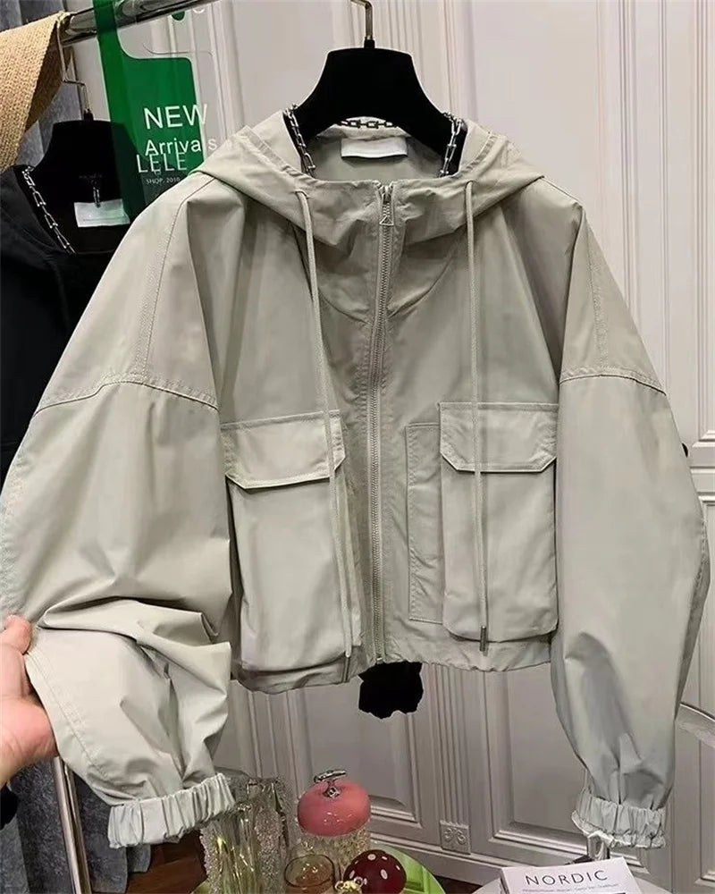 2025  Fashion Women Jacket Windbreaker Hooded Zip-up Coat Autumn Vintage Outwear Korean Harajuku Cropped Basic Coat Streetwear