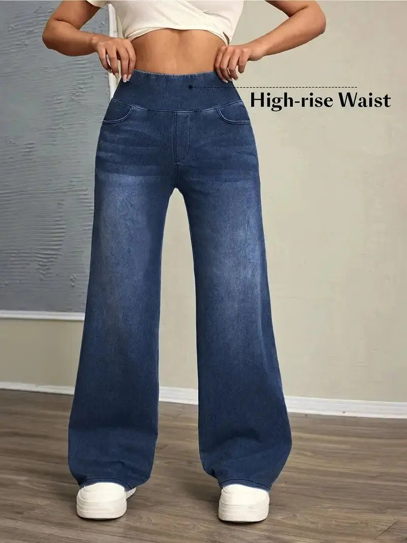 Women's Jeans Spring and Autumn New Elastic Waist Loose Straight Fashion Comfortable Versatile Wide Leg Floor Pants