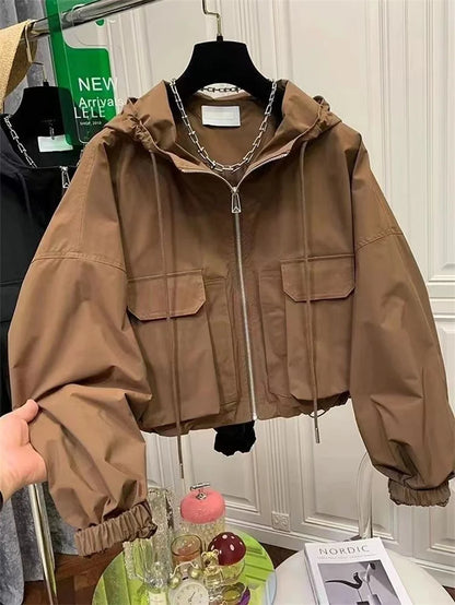 2025  Fashion Women Jacket Windbreaker Hooded Zip-up Coat Autumn Vintage Outwear Korean Harajuku Cropped Basic Coat Streetwear