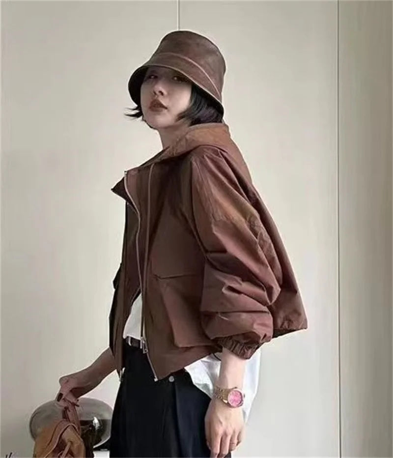2025  Fashion Women Jacket Windbreaker Hooded Zip-up Coat Autumn Vintage Outwear Korean Harajuku Cropped Basic Coat Streetwear