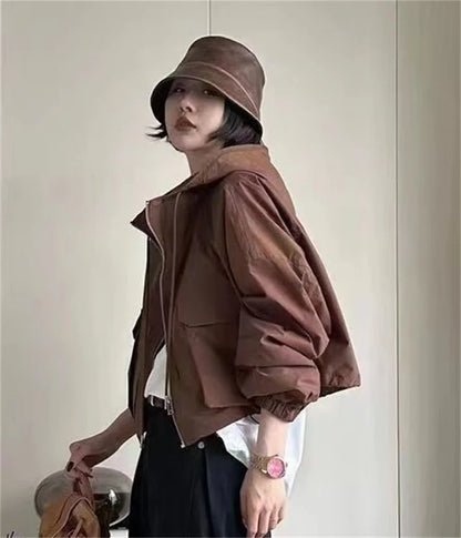 2025  Fashion Women Jacket Windbreaker Hooded Zip-up Coat Autumn Vintage Outwear Korean Harajuku Cropped Basic Coat Streetwear