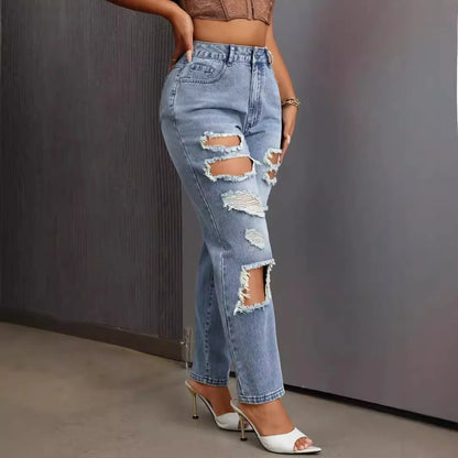 European American Fashion, Versatile Casual Washed Ripped Jeans, New Women's Spring and Summer Small Leg Pants. Nine-inch Jeans