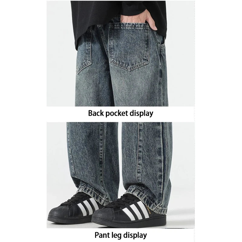 Men's jeans are cut to accommodate various leg shapes, with classic back pocket design and a loose fit.