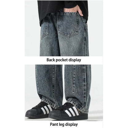 Men's jeans are cut to accommodate various leg shapes, with classic back pocket design and a loose fit.
