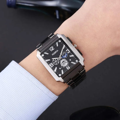 Men Watches Steel Fashion Elegant Rectangle Dial Steel Clock Quartz Watch Men's Silver-Black Cool Wristwatch Masculino Relogio