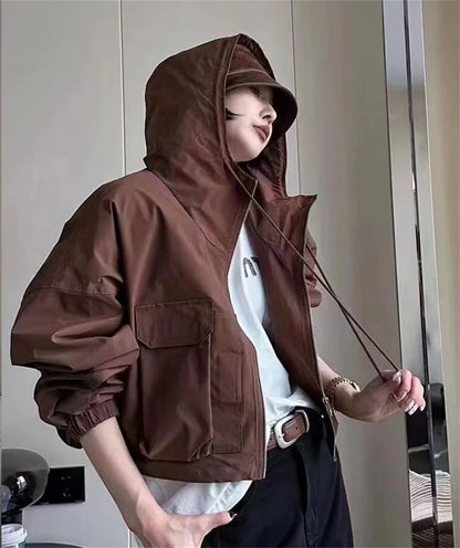 2025  Fashion Women Jacket Windbreaker Hooded Zip-up Coat Autumn Vintage Outwear Korean Harajuku Cropped Basic Coat Streetwear
