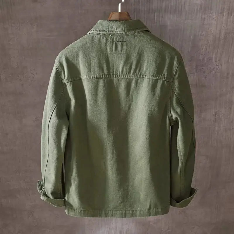 Men's Workwear Jacket Spring Autumn Wear-Resistant Utility Coat Youth Fashion Denim Material Long Sleeve Flip Collar Outerwear