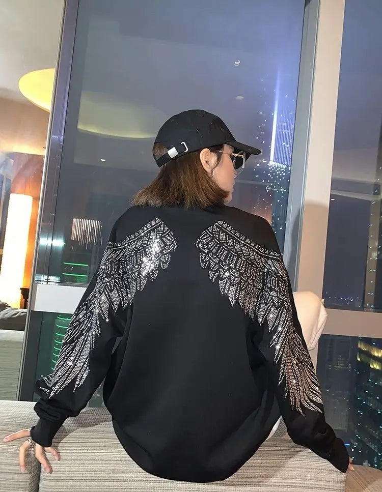 Tops Loose Tshirts Rhinestone Women's T Shirts Black Clothes