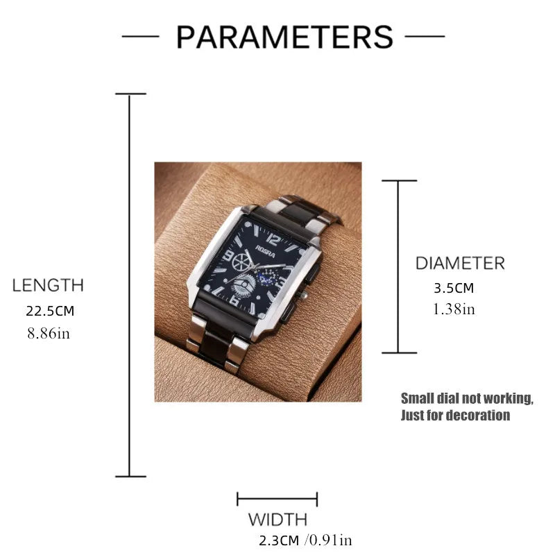 Men Watches Steel Fashion Elegant Rectangle Dial Steel Clock Quartz Watch Men's Silver-Black Cool Wristwatch Masculino Relogio