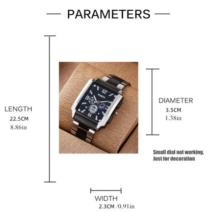 Men Watches Steel Fashion Elegant Rectangle Dial Steel Clock Quartz Watch Men's Silver-Black Cool Wristwatch Masculino Relogio