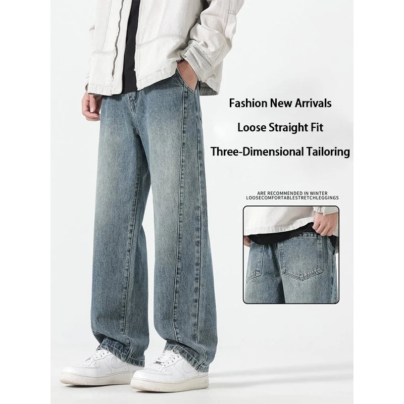 Men's jeans are cut to accommodate various leg shapes, with classic back pocket design and a loose fit.