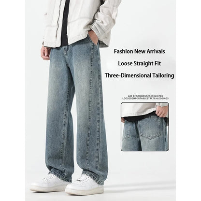 Men's jeans are cut to accommodate various leg shapes, with classic back pocket design and a loose fit.