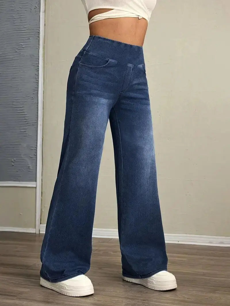 Women's Jeans Spring and Autumn New Elastic Waist Loose Straight Fashion Comfortable Versatile Wide Leg Floor Pants