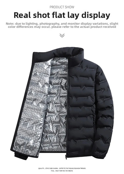 Outdoor Windproof Outerwear Winter Casual Warm Men Fleece-lined Jacket Solid Color Thicken Male Fashion Stand Collar Coats