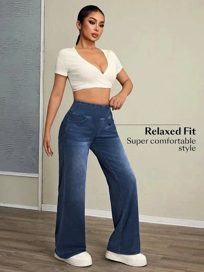 Women's Jeans Spring and Autumn New Elastic Waist Loose Straight Fashion Comfortable Versatile Wide Leg Floor Pants