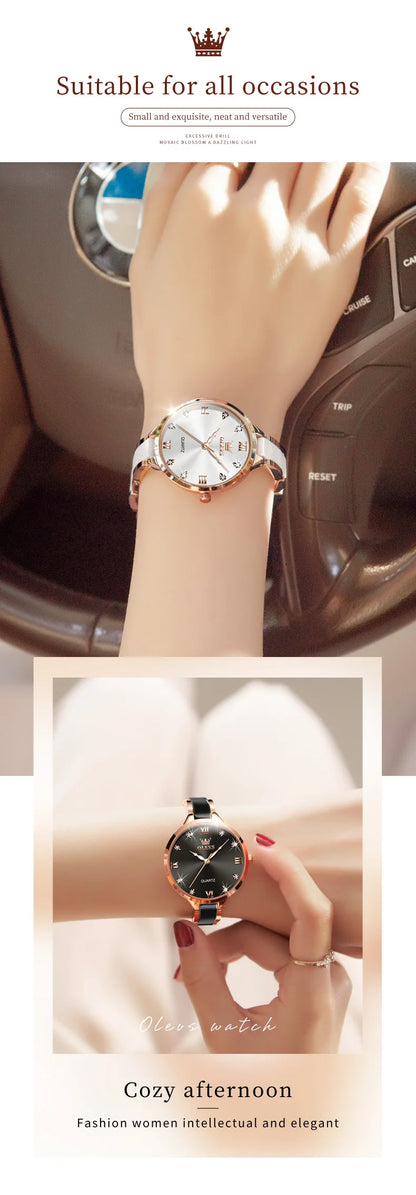 OLEVS 5872 Woman Watches Imported Japan Quartz Movement Waterproof Watch for Women Elegant Ceramic Strap Ladies Wristwatch Gifts