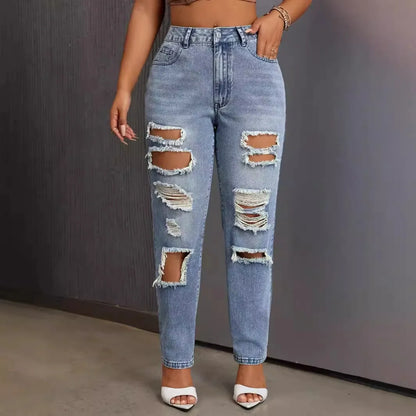 European American Fashion, Versatile Casual Washed Ripped Jeans, New Women's Spring and Summer Small Leg Pants. Nine-inch Jeans