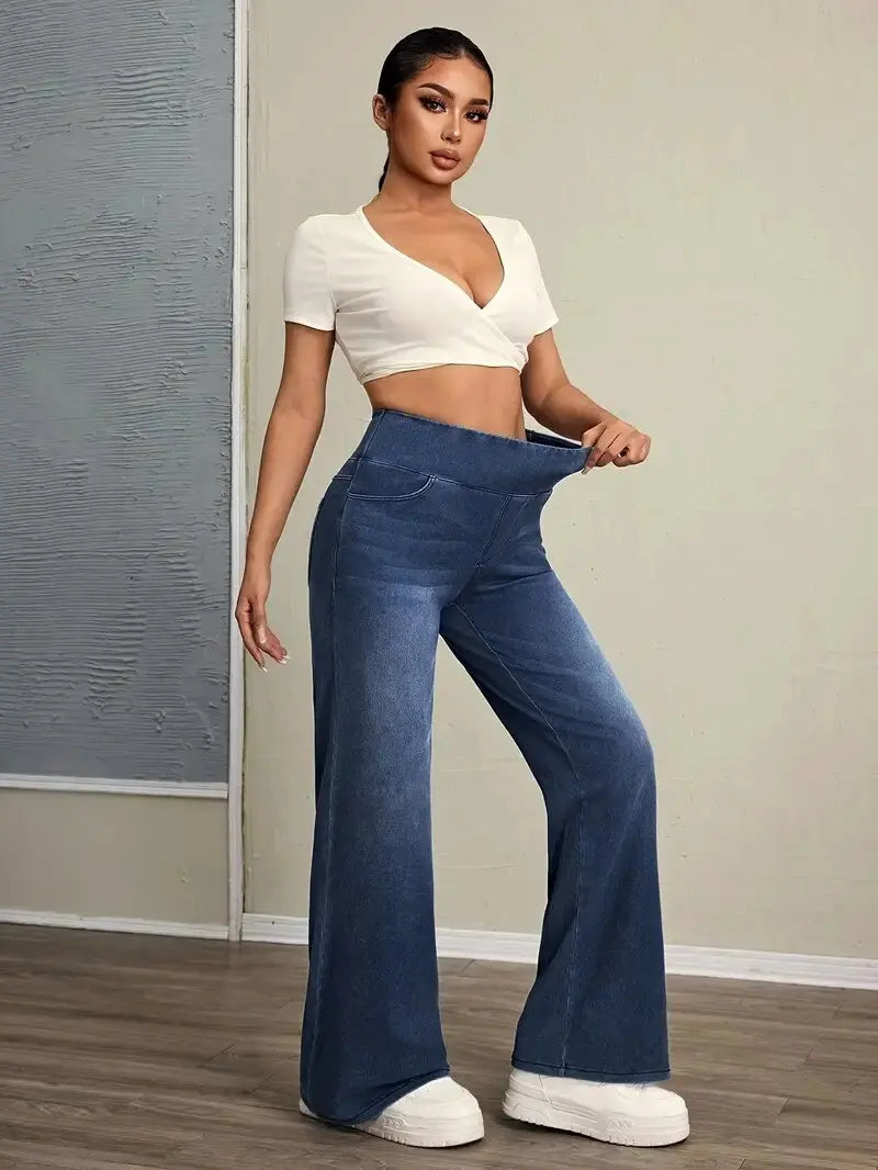 Women's Jeans Spring and Autumn New Elastic Waist Loose Straight Fashion Comfortable Versatile Wide Leg Floor Pants