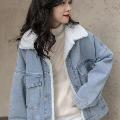 Outerwear Wool Inside Plain Warm Blue Denim Jacket for Women with Fur Plush Woman Jean Coat Winter 2025 Cold Padded Korean Outer