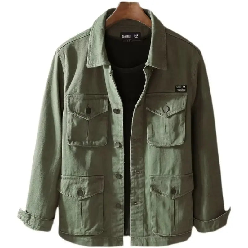 Men's Workwear Jacket Spring Autumn Wear-Resistant Utility Coat Youth Fashion Denim Material Long Sleeve Flip Collar Outerwear