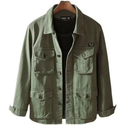 Men's Workwear Jacket Spring Autumn Wear-Resistant Utility Coat Youth Fashion Denim Material Long Sleeve Flip Collar Outerwear