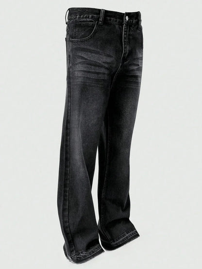 Jeans slim fit con dettagli di orlo lavato casual e business, pantaloni dritti in cotone leggero e versatili con chiusura a