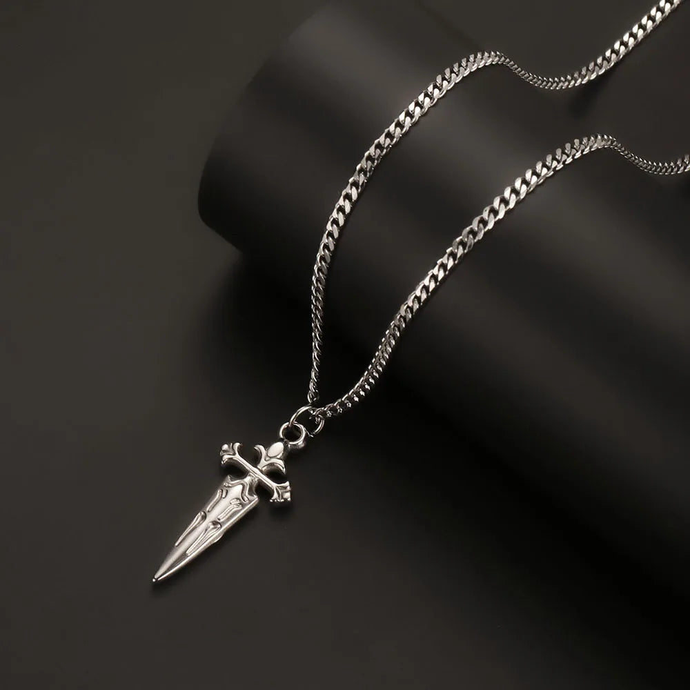 1PC Men's Retro Cuban Chain Cross Necklace