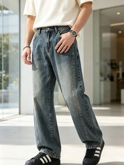 Men's jeans are cut to accommodate various leg shapes, with classic back pocket design and a loose fit.