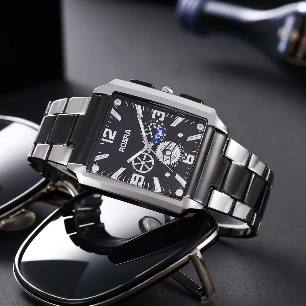 Men Watches Steel Fashion Elegant Rectangle Dial Steel Clock Quartz Watch Men's Silver-Black Cool Wristwatch Masculino Relogio