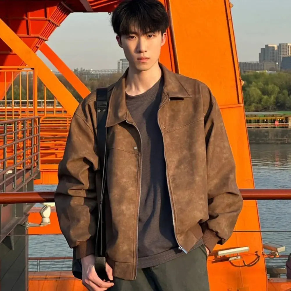 Outerwear Loose Fit Men Jackets Solid Color Thick Turn Down Collar Jacket Long Sleeves Windproof Flight Jacket Daily Commute