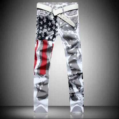 New Style European and American Young Men's Jeans, White, Slim-fit, Casual, Men's Trousers with Red Stripes and Pentagrams