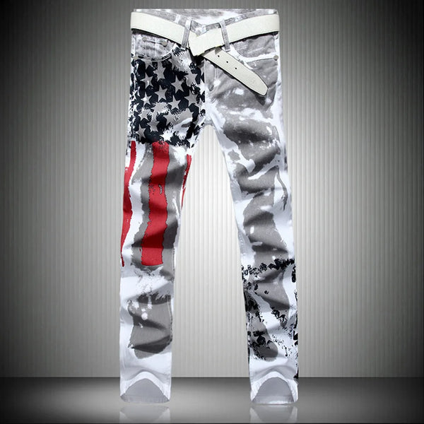 New Style European and American Young Men's Jeans, White, Slim-fit, Casual, Men's Trousers with Red Stripes and Pentagrams