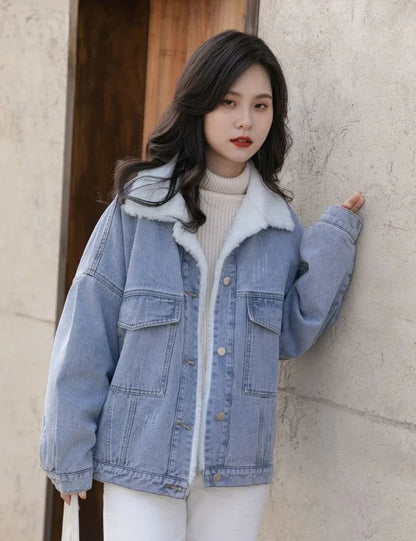 Outerwear Wool Inside Plain Warm Blue Denim Jacket for Women with Fur Plush Woman Jean Coat Winter 2025 Cold Padded Korean Outer