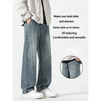 Men's jeans are cut to accommodate various leg shapes, with classic back pocket design and a loose fit.