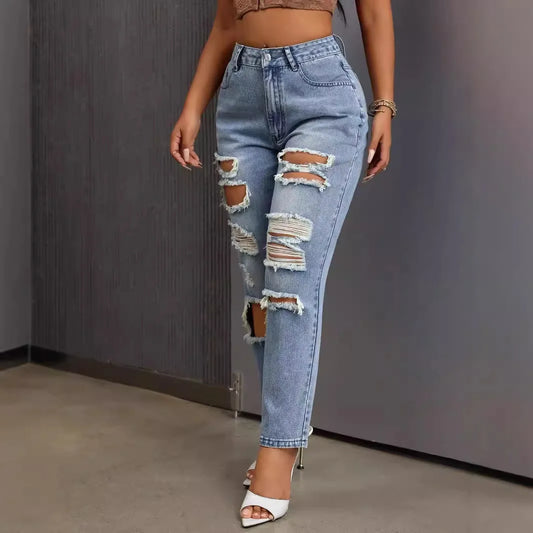European American Fashion, Versatile Casual Washed Ripped Jeans, New Women's Spring and Summer Small Leg Pants. Nine-inch Jeans